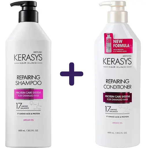 Набор: шампунь Kerasys Hair Clinic Repairing Shampoo Восстанавливающий 600 мл + кондиционер Kerasys Hair Clinic Repairing Rinse Восстанавливающий 600 мл