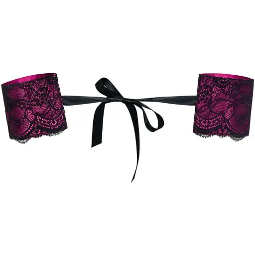 Атласные наручники-манжеты на лентах Obsessive Roseberry cuffs, Pink, украшенные кружевом.