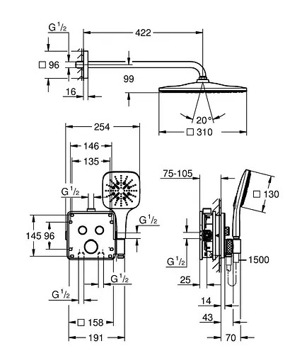 Душова система прихованого монтажу Grohe Grohtherm Smartcontrol з Rainshower 310 Mono Cube 34865KF0, Чорний матовий - фото 4