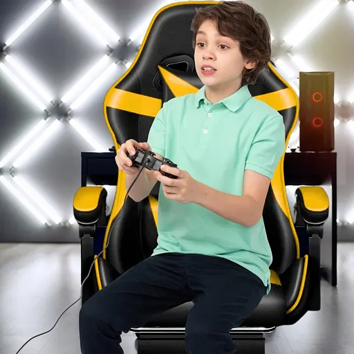 Кресло геймерское PLAYER с подставкой для ног и массажем Black/Yellow (100015) - фото 3