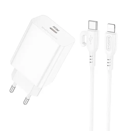 Мережевий зарядний пристрій з кабелем Borofone BA21A Pro Long journey single port PD20W charger set(C to iP) білий - фото 1