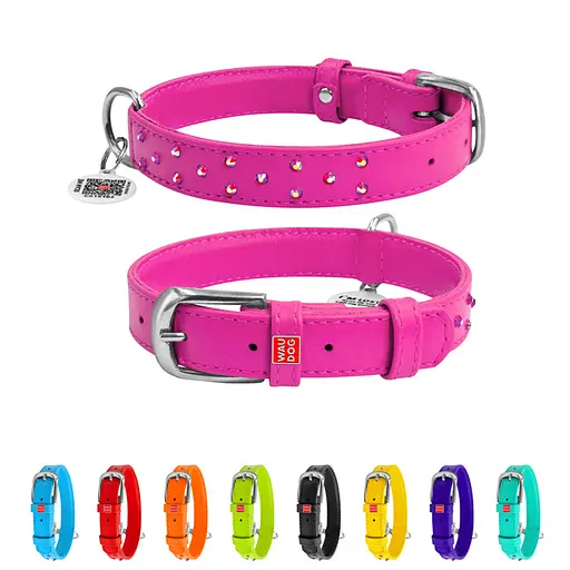 Нашийник для собак шкіряний Waudog Glamour з QR-паспортом з клейовими стразами Ш 25 мм Д 38-49 см рожевий - фото 2