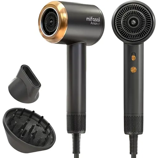 Фен для волосся Mifasol професійний з магнітною насадкою, що обертається та дифузором для кучерявого волосся