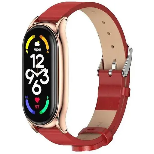 Кожаный ремешок MiJobs для фитнес-браслета Xiaomi Mi Band 5 и 6 Type C красный, держатель - золотистый