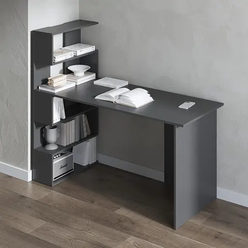 Комп’ютерний стіл Vays M-24 Антрацит, письмовий з полицями ліворуч, ЛДСП, 142×60×123 см - для дому, навчання, офісу