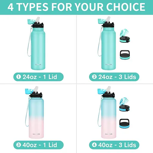 24-унционная изолированная бутылка для воды GOPPUS с соломкой, спортивная бутылка для воды из нержавеющей стали с 3 крышками - фото 3