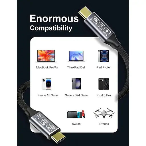 Кабель CAKOBLE USB-C - USB-C 3.1 Gen2 10 Гбит/с Передача данных, 100 Вт 20 В/5A 3.3 фута - фото 6