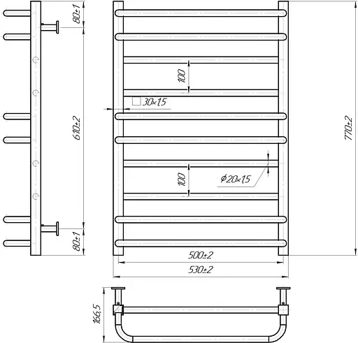 Водяна рушникосушка Mario Inox Преміум Люкс 770x540/500 1.7.044600.P, Хром, нижнее - фото 4