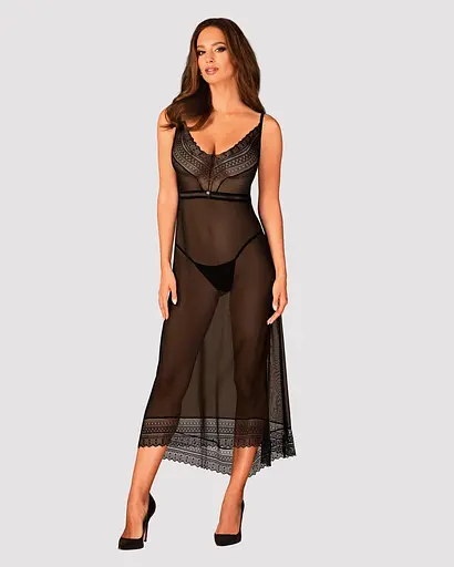 Полупрозрачная длинная сорочка Obsessive Estiqua chemise черный ассиметричный крой XS/S - фото 3