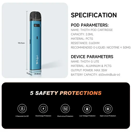Підсистема електронна сигарета Kumiho THOTH G Lite Pod 650mAh 2ml Kit Ocean Blue (18166) - фото 7