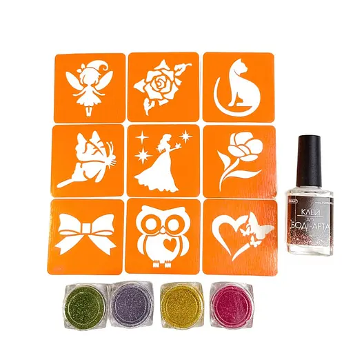 Набор для био-тату "Для девочек #3 - глиттер" Fresh Tattoo set-girls-3-glitter 9 трафаретов - фото 2