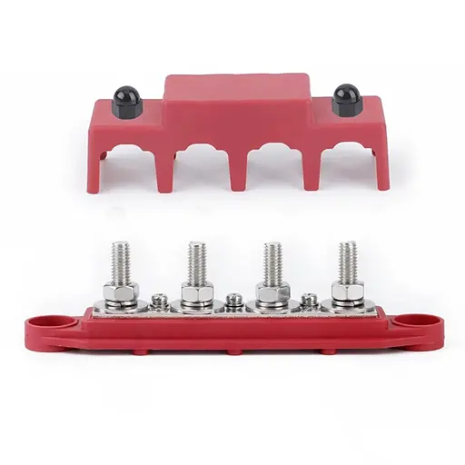 Распределительный блок с шиной Bus Bar с 4-мя шпильками М10 для соединения кабелей 12-48V DC, до 250A (красный) - фото 2