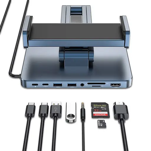 Підставка для планшетів+HUB WIWU AH801 Adjustable 8in1 (USB-C to HDMI+2A+2C+SD/TF+3.5mm) Gray - фото 4