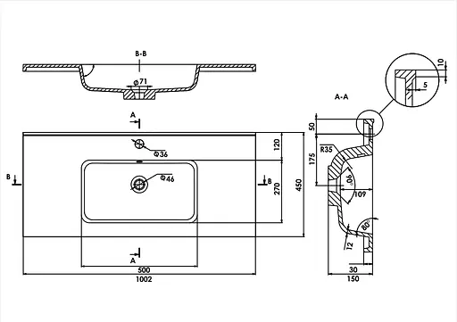 Раковина глянцева врізна Amidicon Rodeo 100 1000x450 з литого каменю RODEO_100_HL, Білий - фото 6