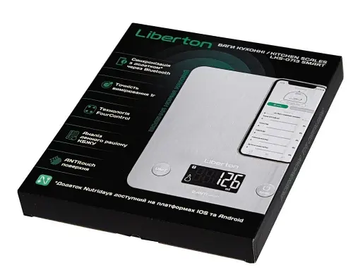 Ваги кухонні Liberton LKS-0713 Smart, Steel, до 5 кг, дисплей, синхронізація через Bluetooth, тарокомпенсація, автовідключення, індикатор перевантаження, батарейка: 3*ААА у комплекті - фото 5