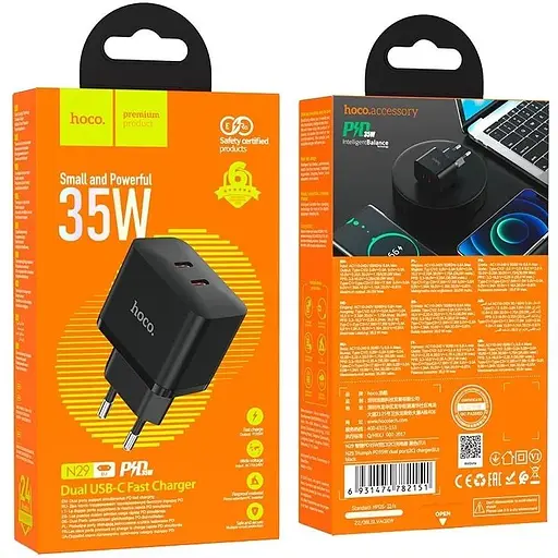 Зарядное устройство Hoco N29 Triumph wall charger dual Type C 35W output EU plug Черный - фото 5