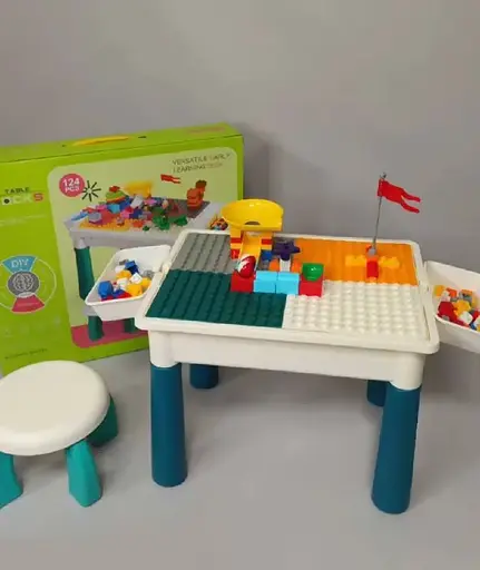 Детский игровой многофункциональный столик MHZ 6787-119 с конструктором и стульчиком, 2 корзины, 124 детали, белый с бирюзовым - фото 5