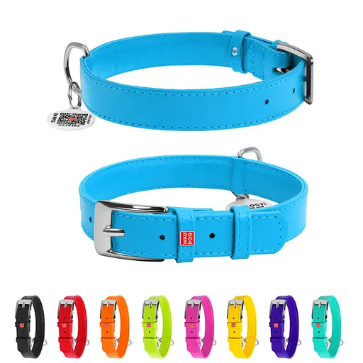 Нашийник для собак шкіряний Waudog Glamour з QR-паспортом без прикрас M Ш 20 мм Д 30-39 см блакитний - фото 2