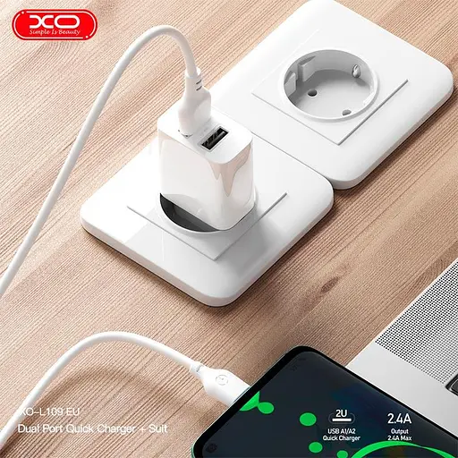 Сетевой адаптер XO Micro USB Cable Dual USB Charger L109 |2USB, 2.4A| - фото 2