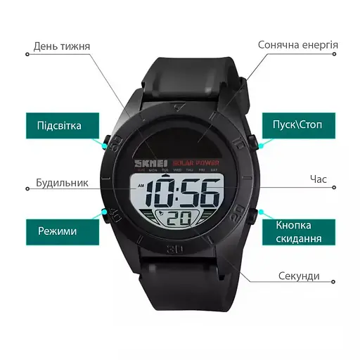 Мужские спортивные наручные часы Skmei 1592 Solar с солнечной батареей (Черный) - фото 7