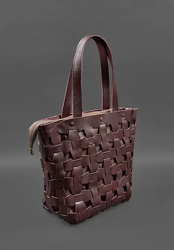 Шкіряна плетена жіноча сумка Пазл L бордова краст - фото 8