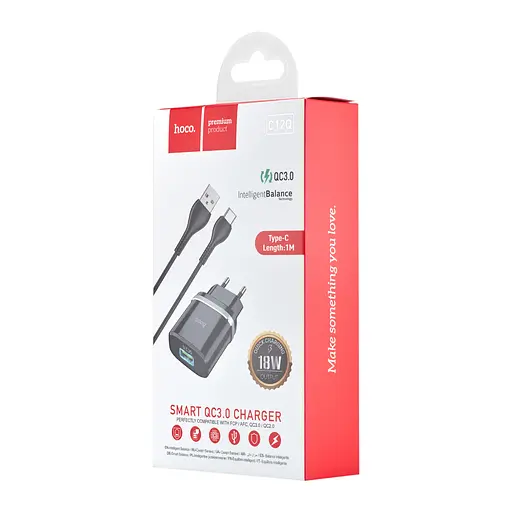 Сетевое зарядное устройство Hoco C12Q Smart QC3.0 charger set ( Type-C ) ( EU ) Черный - фото 2