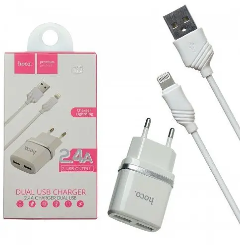 Адаптер питания 2 USB Hoco C12 + Юсб кабель для iPhone набор белый 6957531047766 - фото 1
