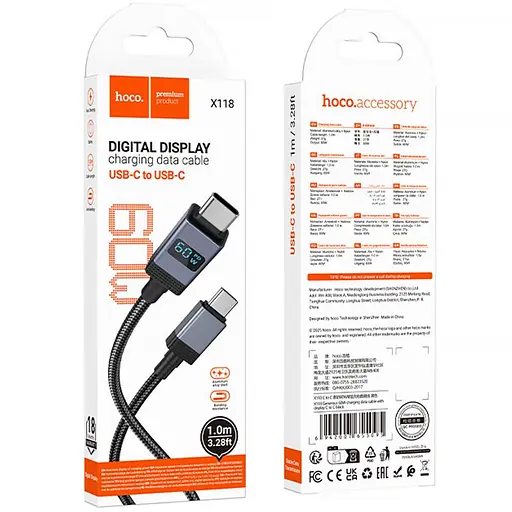 Дата кабель Hoco X118 Generous with display Type-C to Type-C 60W (1m) Black - фото 5
