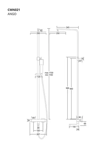 Душова система Corsan Ango chrome з термостатом та виливом CMN021TCH, Хром - фото 2