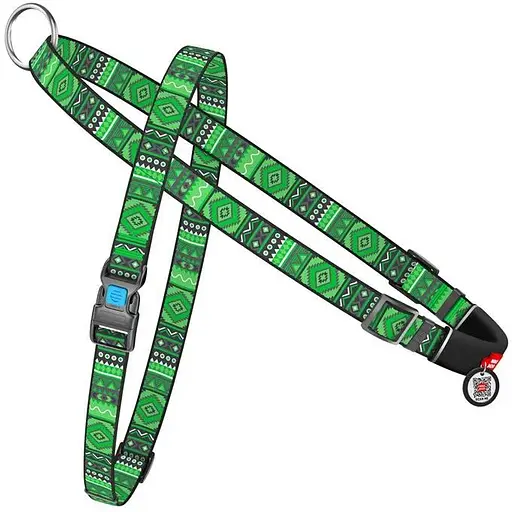 Шлейка для собак Waudog Nylon быстросъемная с QR паспортом, рисунок "Этно зеленый", пластиковый фастекс