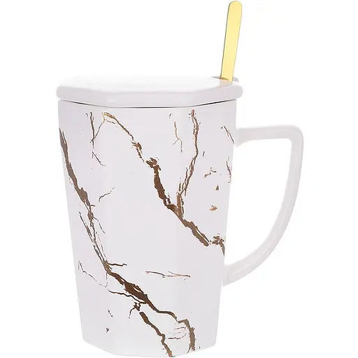 Кухоль порцеляновий заварювальний з кришкою та ложкою BonaDi Мармурова розкіш 350мл білий із золотом (805-729)