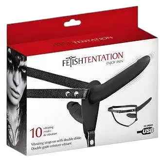 Подвійний страпон Fetish Tentation Vibrating Strap-On with Double Dildo Black з вібрацією - фото 3