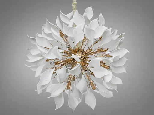 Большая подвесная люстра с фарфоровыми элементами, 40 ламп, золото. - фото 3