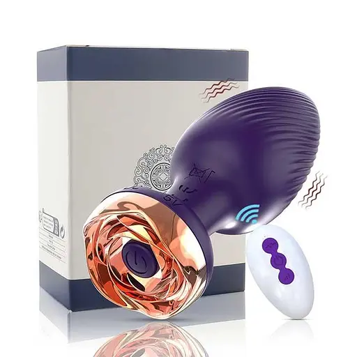 Анальная вибро-пробка Rose Butt на пульте с золотой розой 10 режимов 5 мм 90 мм фиолетовый - фото 9