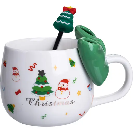 Чашка порцелянова Christmas Ribbon 400 мл з ложкою, зелений  FM-CS-19B