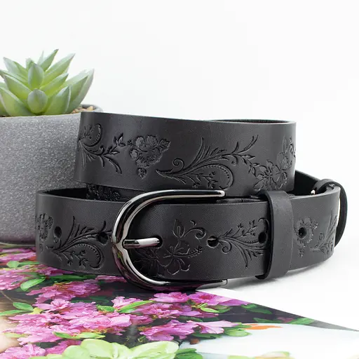 Ремінь жіночий шкіряний з квітами SF-3533 чорний (130 см) - фото 1