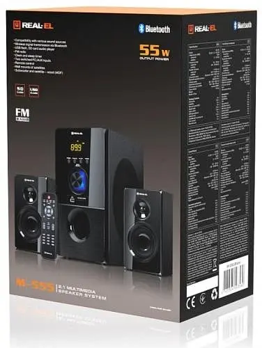 Колонки 2.1 REAL-EL M-555 Black, сателіти 2 x 12.5 Вт, сабвуфер 30 Вт, МДФ, Bluetooth, FM-тюнер, USB/SD, дисплей, живлення від мережі 220V, керування спереду + пульт ДК - фото 3
