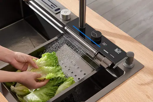 Cмеситель для кухни с водопадом и выдвижной лейкой нержавеющий графитовый Nett OG-38 - фото 3