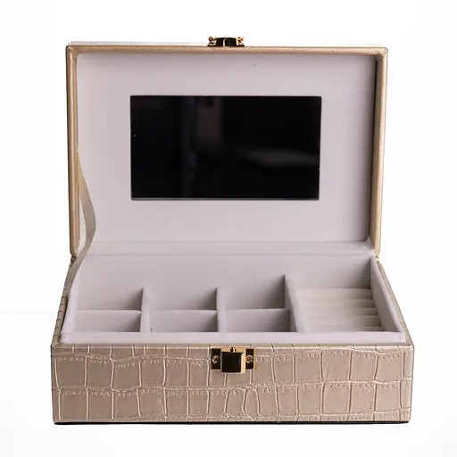 Скринька для прикрас з екошкіри 10 відділень із дзеркалом 20×14×8 см органайзер для прикрас Золотистий Yiwu HP-5-19GOLD - фото 1