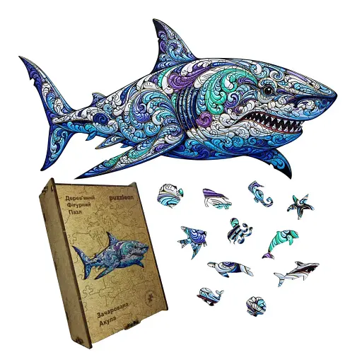 Дерев'яний фігурний пазл Зачарована Акула, А3, Дерев'яна коробка 200 елементів