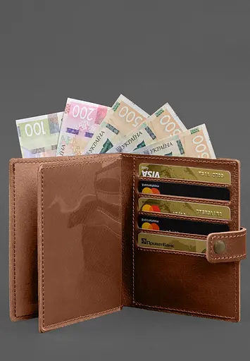 Кожаная обложка-портмоне на паспорт с гербом Украины 25.1 Светло-коричневая - фото 6