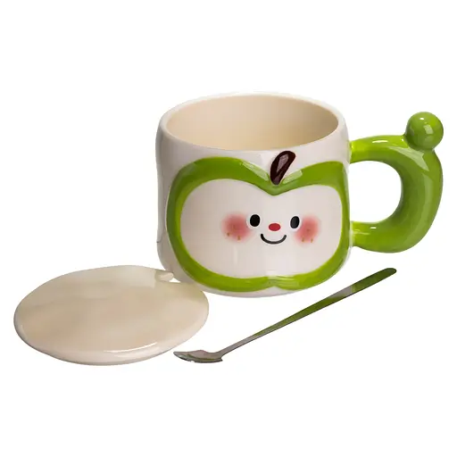 Чашка порцелянова Cute Apple 400 мл з кришкою та ложкою зелений FM-25A - фото 3