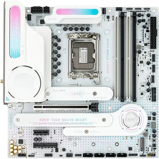 Материнская плата Maxsun LGA1700, iCraft B760M CROSS, B760, 4xDDR5, Int.Video(CPU), 4xSATA3, 1xPCI-E 16x 5.0, 1xPCI-E 4x 3.0, 1xPCI-E 1x, 3xM.2 4.0, RTL8125B, 4xUSB3.2/4xUSB2.0, 1xUSB TypeC 3.2, DP/HDMI, WiFi 6E+BT5.3, 14phase, ARGB,MicroATX(MS-iCraft B760M CROSS