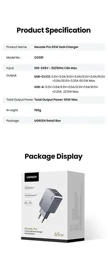 Зарядний адаптер блок Ugreen CD381 Nexode Pro 65 W 3 порти 2C1A (UGR-25261) - фото 6