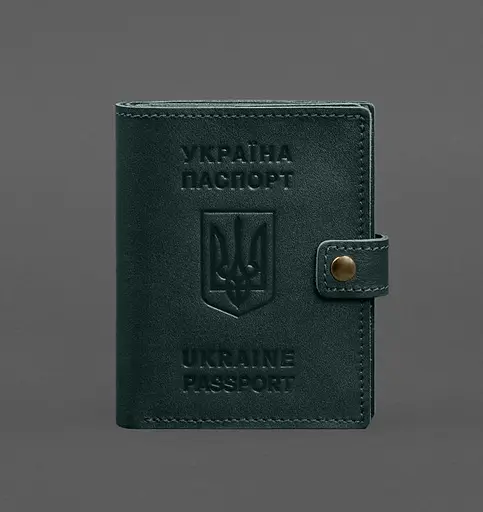 Кожаная обложка-портмоне на паспорт с гербом Украины 25.1 Зеленая - фото 1