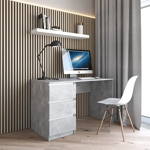 Комп’ютерний стіл Vays R-13 Бетон-Білі планки, письмовий з тумбою зліва, 3 шухляди, без ручок, ЛДСП, 120×60×75 см - для дому та офісу