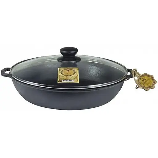 Сковородка-жеровня "Наша Мастерская" чугунная  со стеклянной крышкой 24 см глубина 6 см Т102С3