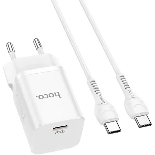 Адаптер сетевой комплект Hoco N19 и кабель Type-C to Type-C Rigorous белый - фото 1