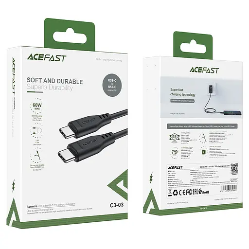 Кабель ACEFAST C3-03 Type-C to Type-C 3A, 60W, 1.2m, TPE, TPE connectors, Black - фото 2