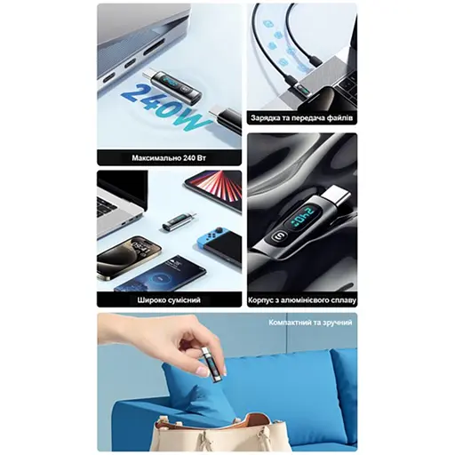 OTG USB Type-C измеритель мощности зарядки гаджетов до 240 Ватт c дисплеем Essager ES-OTG16 - фото 7